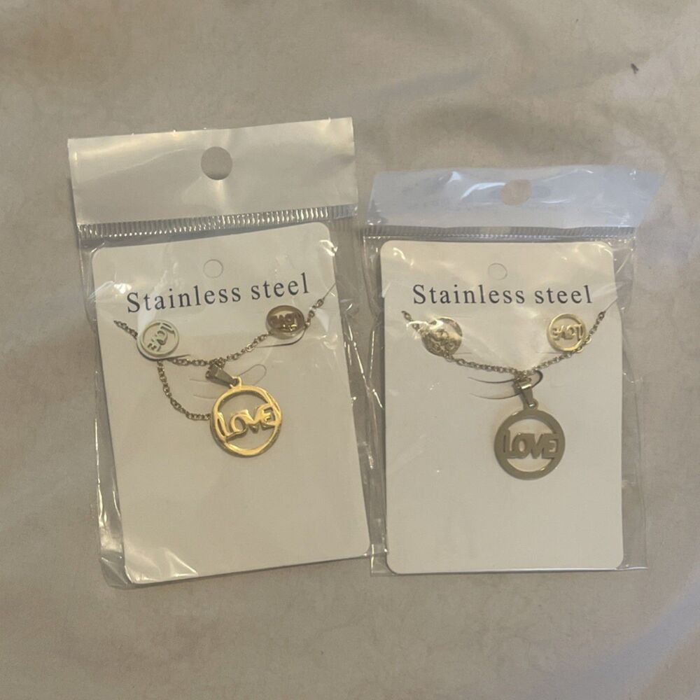 Gold Stainless Steel Jewelry Set Necklace and Earrings Love Theme